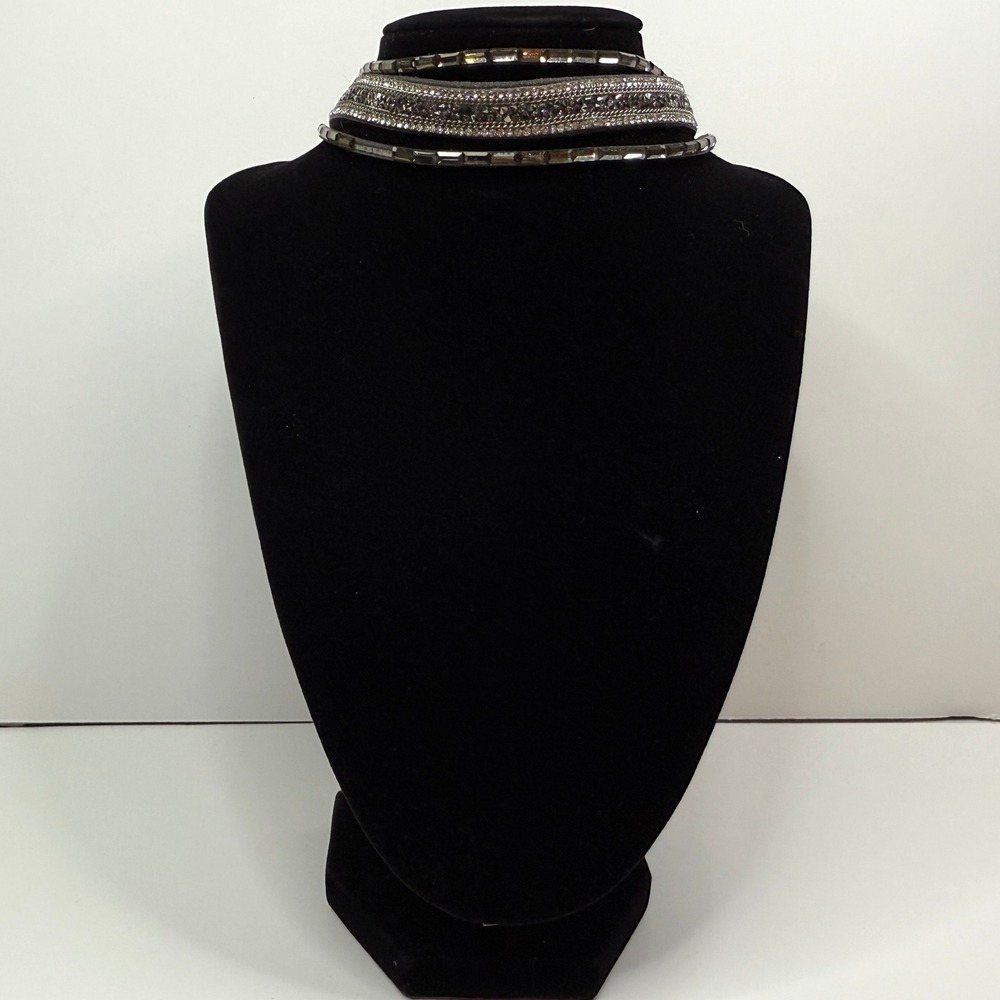 Rhinestone Statement Choker Necklace Silver Vegan Suede Gray Wrap Jewelry 16.5in - Picture 1 of 6